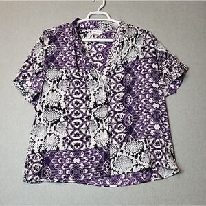 Calvin Klein Purple Mixed Print Flutter Sleeve V Neck Blouse Women's Plus 3X